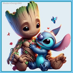 Imagen PNG de Baby Groot y Stitch, imágenes prediseñadas, gráficos e ilustraciones, imágenes de personajes lindos PNG