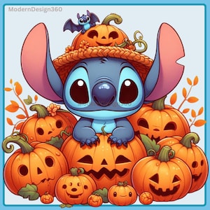 Pode incluir: Um personagem de desenho animado azul com olhos grandes e um chapéu de palha está rodeado de abóboras laranja com rostos de jack-o'-lantern. O personagem está segurando uma abóbora na sua frente. O fundo é de cor azul claro.
