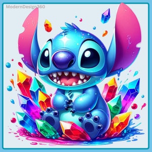 Stitch Gemstone Crystals Watercolor Splash | Clipart Images | Graphics and Artwork | Rainbow Aesthetic | PNG Cute Character Images