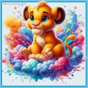 Puede incluir: Un cachorro de león de dibujos animados con ojos azules se sienta en una nube de salpicaduras de pintura de colores. El cachorro de león es naranja y amarillo con la nariz rosa y las almohadillas de las patas rosas.