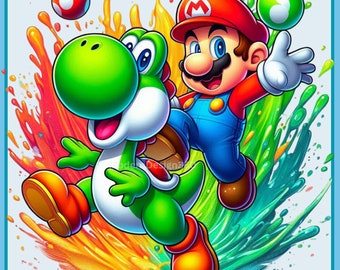 マリオとヨッシーの水彩画 PNG：虹色のゲームクリップアート（デジタル