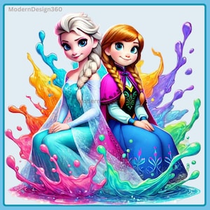 Elsa and Anna Frozen Splash and Watercolor | Digital design | PNG file for sublimation | High Resolution | Instant Digital PNG Download