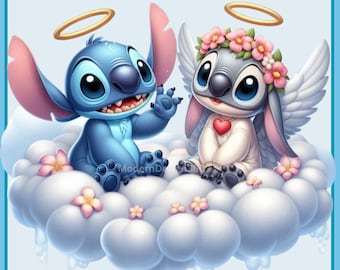 スティッチとエンジェルハート水彩 PNG、スティッチとエンジェル