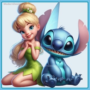 May include: A cartoon illustration of Tinkerbell, a fairy with blonde hair and a green dress, and Stitch, a blue alien with large ears, sitting together.