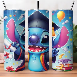 Stitch Graduation Tumbler wrap, Kolorowy Cartoon Tumbler Wrap, 20oz Skinny Tumbler Wrap, Tropikalny Tumbler Beach, Sublimacja PNG, STD