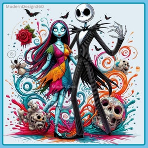Jack and Sally Watercolor Splash, Clipart Images, Graphics and Artwork, Rainbow Aesthetic, PNG Christmas Nightmare Images