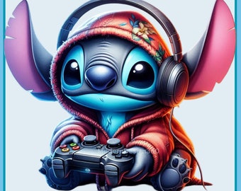 Stitch Gamer Akwarela Splash, Obrazy Clipart, Grafika i Artwork, Stitch Gamer, Stitch PNG, Estetyka Tęczy, PNG Słodkie Obrazy PS