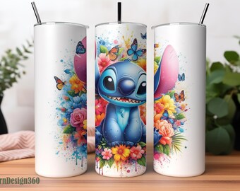 Vaso de acuarela con diseño floral y puntada mágica, vaso estrecho de 20 oz, envoltura para vaso con diseño floral y puntada, diseño de sublimación, archivo digital PNG