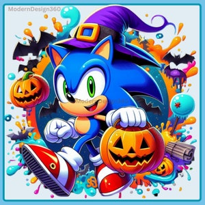May include: Sonic the Hedgehog dressed in a purple witch hat with a yellow buckle, holding a jack-o'-lantern trick-or-treat bag. He is surrounded by bats, candy, and other Halloween decorations.