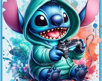 Stitch Gamer Watercolor Splash, Clipart Images, Graphics and Artwork, Stitch Gamer, Stitch PNG, Rainbow Aesthetic, PNG Cute PS Images