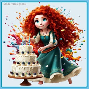 Puede incluir: Un pastel blanco de tres pisos con glaseado blanco, moras y chispas de colores. El pastel tiene velas en la parte superior que dicen "Feliz cumpleaños". Una niña de cabello rojo con un vestido verde está apagando las velas.