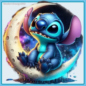 Stitch on Moon Watercolor Splash, Clipart Images, Graphics and Artwork, Rainbow Aesthetic, PNG Cute Character Images