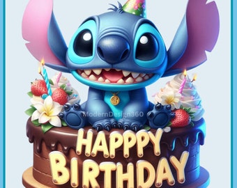 Stitch Birthday Watercolor Splash, Clipart Images, Graphics and Artwork, Rainbow Aesthetic, PNG Cute Birthday Images