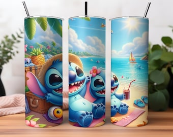 Funny Stitch Summer 20oz Tumbler, 20oz Skinny Tumbler, Cartoon Tumbler Wrap, Beach Tumbler Sublimation, Full Tumbler Wrap, Tumbler Png
