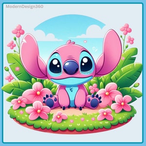 Pink Stitch Stitch w/ Flowers Watercolor Splash | Clipart Images | Graphics and Artwork | Rainbow Aesthetic | PNG Cute Stitch Images