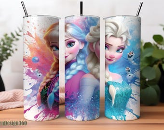 エルサとアナのアナと雪の女王タンブラーラップ PNG、20 オンスの水彩スプラッシュ デジタル デザイン - 高解像度 - インスタント デジタル PNG ダウンロード