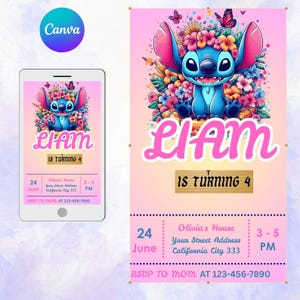 Stitch Birthday Invitation Editable Template, Canva Editable Birthday Invitation, Stitch Birthday Party Invitation, Invite Canva Template