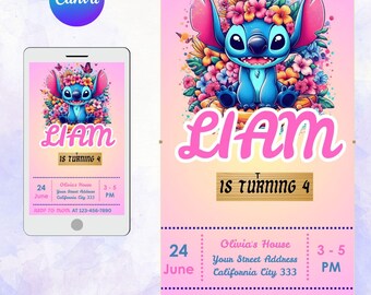 Stitch Birthday Invitation Editable Template, Canva Editable Birthday Invitation, Stitch Birthday Party Invitation, Invite Canva Template