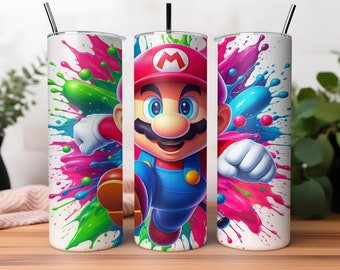 Super Mario Tumbler Wrap PNG, Diseño digital de salpicaduras de acuarela de 20 oz, Envoltura de vaso delgado de 20 oz, Diseño de sublimación Png de vaso de 20 oz