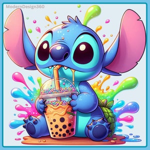 Stitch Drinking Boba Watercolor Splash, Clipart Images, Graphics and Artwork, Rainbow Aesthetic, PNG Cute Spring Images