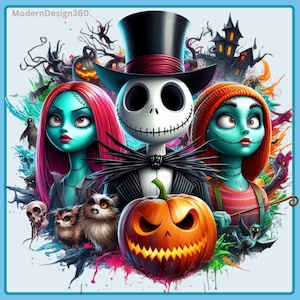 May include: A Halloween-themed illustration featuring Jack Skellington from The Nightmare Before Christmas, Sally, and a pumpkin. The characters are depicted in a cartoon style with bright colors and intricate details. The background features a spooky forest setting with a haunted house.