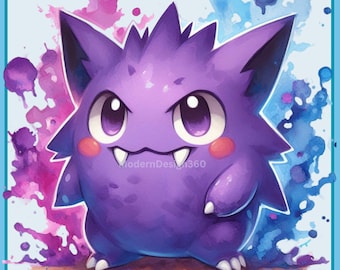 May include: A purple cartoon character with a mischievous expression, set against a background of pink and blue watercolor splatters.
