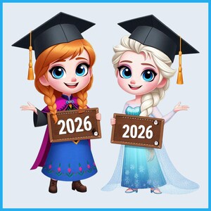 May include: Two cartoon characters, one with red braids and the other with a white braid, wearing graduation caps and holding signs that read "2026". The character on the left wears a blue dress and a purple cape. The character on the right wears a blue dress.