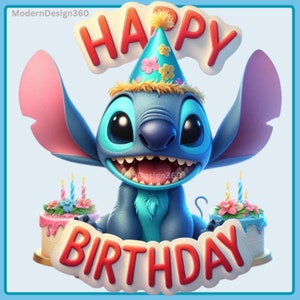Stitch Birthday Watercolor Splash, Clipart Images, Graphics and Artwork, Rainbow Aesthetic, PNG Cute Birthday Images