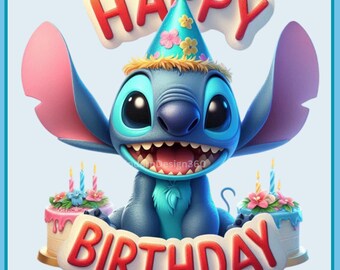 Stitch Birthday Watercolor Splash, Clipart Images, Graphics and Artwork, Rainbow Aesthetic, PNG Cute Birthday Images