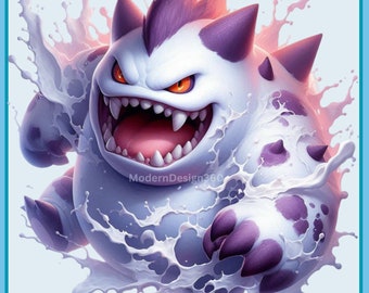 May include: A cartoon monster with purple and white fur, a wide open mouth with sharp teeth, and red eyes. The monster is surrounded by white splashes of liquid, creating a dynamic and energetic image.