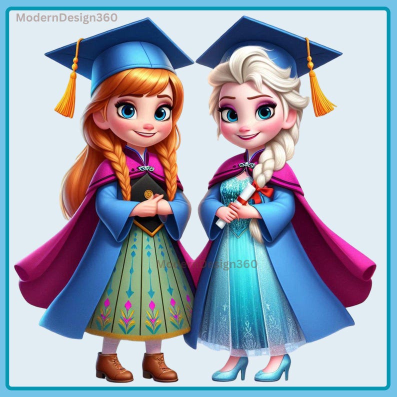 Anna and Elsa Graduation Clipart, Watercolor PNG Images (digital ...