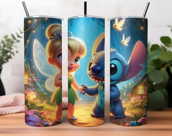 Tinkerbell and Stitch Tumbler Wrap, Princess Tumbler Wrap Sublimation Design PNG, 20oz Skinny Straight & Tapered Stitch Tumbler Wrap