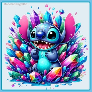 Stitch Gemstone Crystals Watercolor Splash | Clipart Images | Graphics and Artwork | Rainbow Aesthetic | PNG Cute Character Images