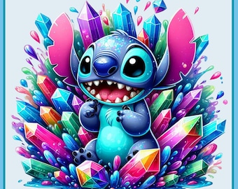 Stitch Gemstone Crystals Watercolor Splash | Clipart Images | Graphics and Artwork | Rainbow Aesthetic | PNG Cute Character Images