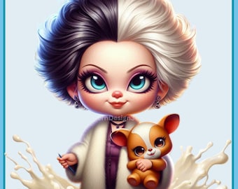 Baby Cruella Watercolor Splash, Clipart Images, Graphics and Artwork, Rainbow Aesthetic, PNG Cute Little Villain Images
