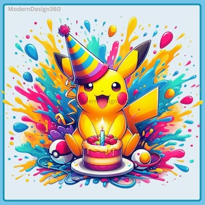Puede incluir: Un Pikachu amarillo con un gorro de fiesta colorido sostiene un pastel de cumpleaños rosa y blanco con una vela encendida. El fondo es una salpicadura de pintura colorida.