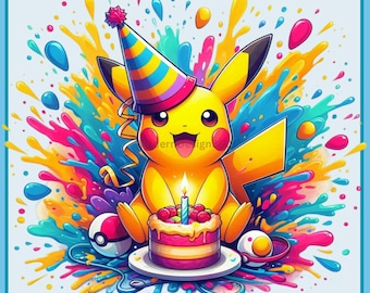 Pikachu Birthday Watercolor Splash | Clipart Images | Graphics and Artwork | Rainbow Aesthetic | PNG Cute Pocket Monster Images