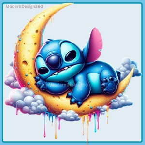 Stitch on Moon Watercolor Splash, Clipart Images, Graphics and Artwork, Rainbow Aesthetic, PNG Cute Character Images