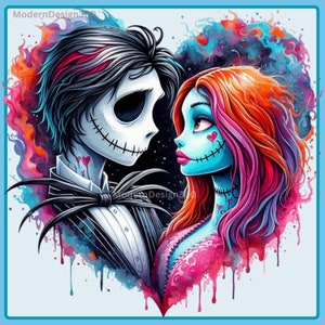 Jack and Sally Watercolor Splash, Clipart Images, Graphics and Artwork, Rainbow Aesthetic, PNG Christmas Nightmare Images