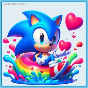 May include: A blue cartoon character, Sonic the Hedgehog, sits in a rainbow-coloured inflatable ring in a pool of colourful water. He is holding a red heart in his hand and there are other red hearts floating around him.