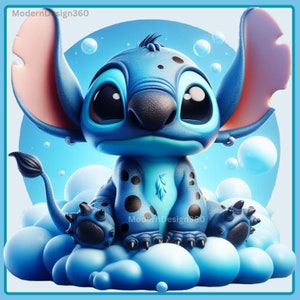 Stitch on Clouds Watercolor Splash, Stitch Clipart Images, Stitch PNG, Graphics and Artwork, Rainbow Aesthetic, PNG Cute Stitch Images