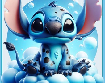 May include: A blue cartoon character with large eyes and a big smile sits on a fluffy white cloud. The character has black spots and a small leaf on its chest. The background is a light blue with white bubbles.