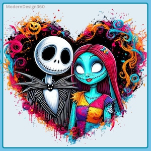 Jack and Sally Heart Watercolor Splash | Clipart Images | Graphics and Artwork | Rainbow Aesthetic | PNG Christmas Nightmare Images