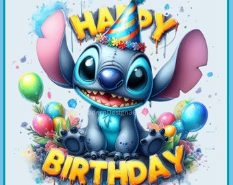 Stitch Birthday Watercolor Splash, Clipart Images, Graphics and Artwork, Rainbow Aesthetic, PNG Cute Birthday Images