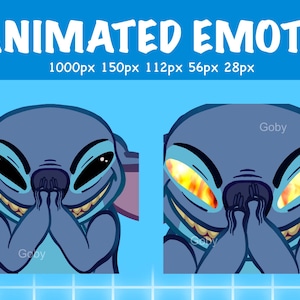 Peut inclure: Emote animé représentant un personnage de dessin animé bleu avec de grands yeux et un sourire espiègle, se couvrant le visage avec ses mains. Les yeux du personnage brillent dans une version. Le texte en haut indique "ANIMATED EMOTE".