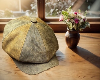 Vintage 1920 8 Panel Newsboy Cap In Genuine  Sheepskin Leather, Baker Boy Cap, Gift For Stylish Dad or Brian Johnson Fans, Country Gift  Men