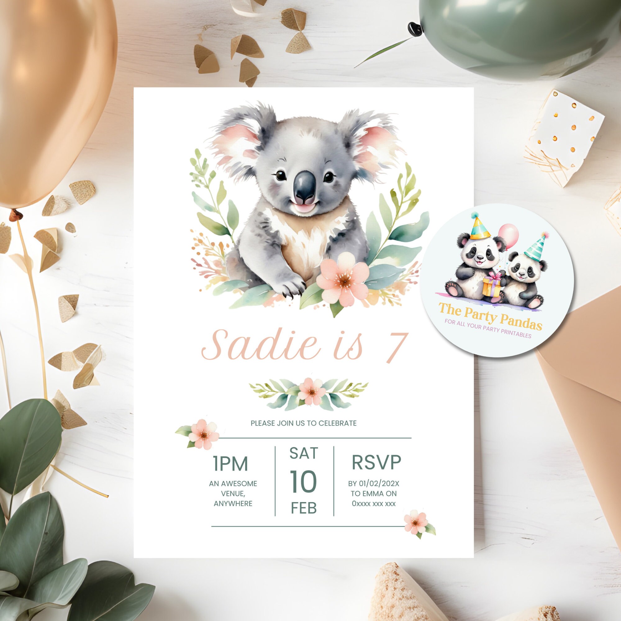 12 Biglietti D'invito Per 7° Compleanno A Tema Koala - Formato A6 (10,5x14,8 Cm) Con Stampa UV, Fabbricati In Germania