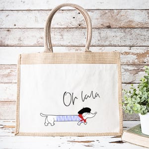 Jute Shopper Dackel | Farbe Natur | Französischer Dackel OH LA LA| Geschenk Freundin| Tragetasche