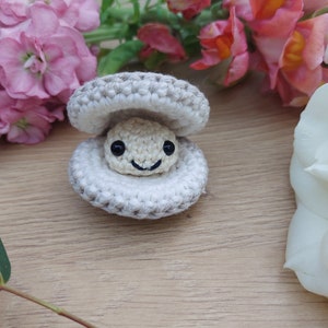 Peut inclure: Une coquille de palourde en crochet avec une perle souriante à l'intérieur. La palourde est beige et la perle est blanche avec des yeux noirs.