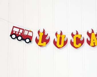 Personalized Firetruck Flames Birthday Banner. Cardstock Party Decoration.